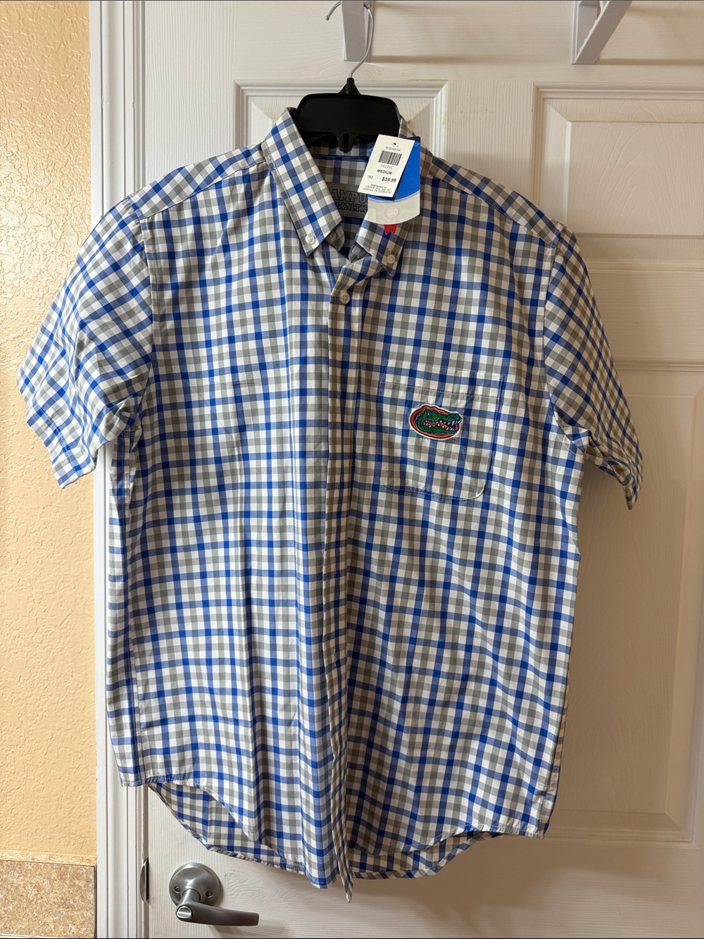 Men's Blue Plaid Short-Sleeve Button-Down Shirt with Team Patch